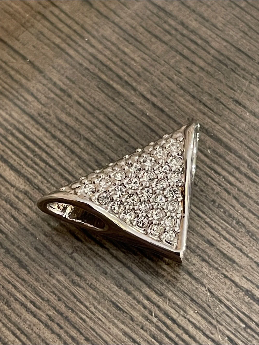 Vintage Silver-tone Wire Necklace with Pave Rhinestone Triangle Pendant - Slide